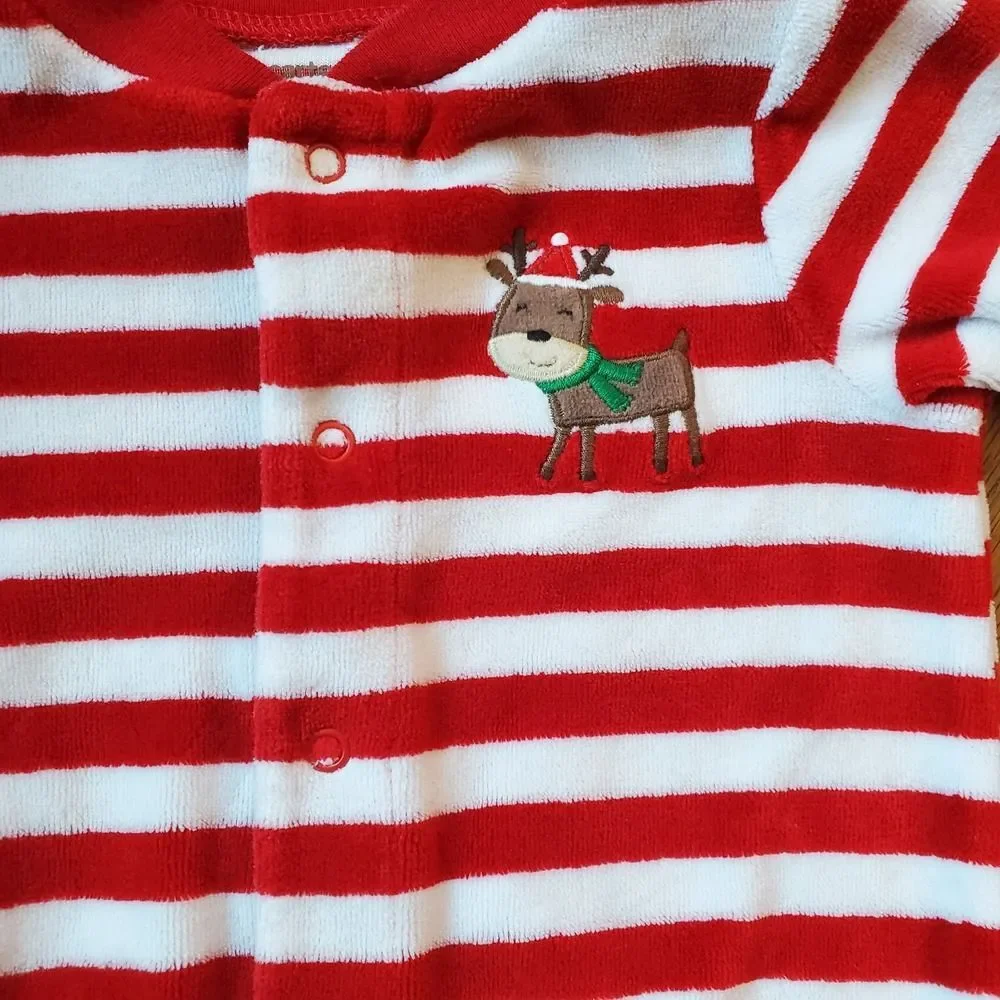 Carters red & white striped reindeer Christmas button up sleeper pj‎ sz 6 months